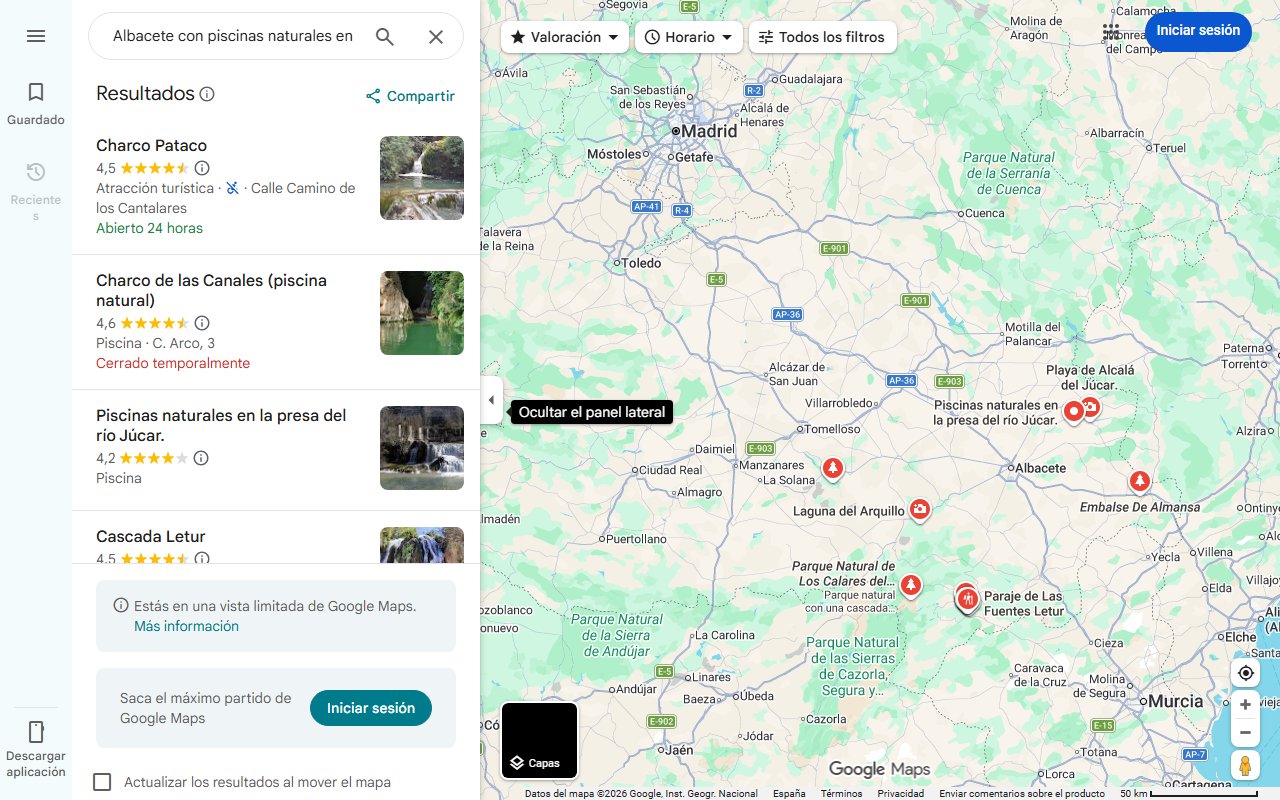 Mapa de El pueblo de Albacete con piscinas naturales en su centro histórico y cascadas dónde refrescarse este verano