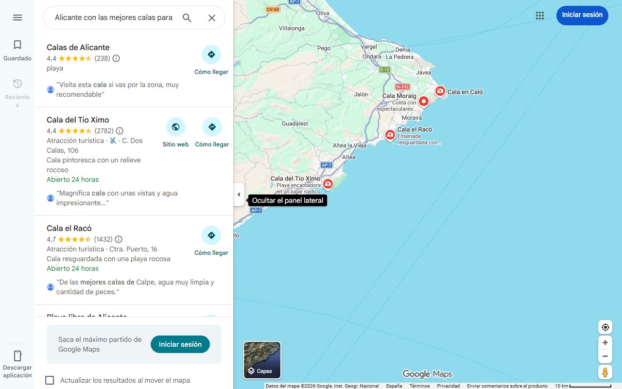 Mapa de El pueblo de Alicante con las mejores calas para hacer esnórquel: 