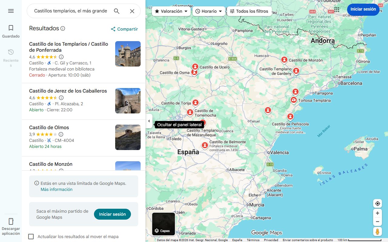 Mapa de Castillos templarios, el más grande está en España