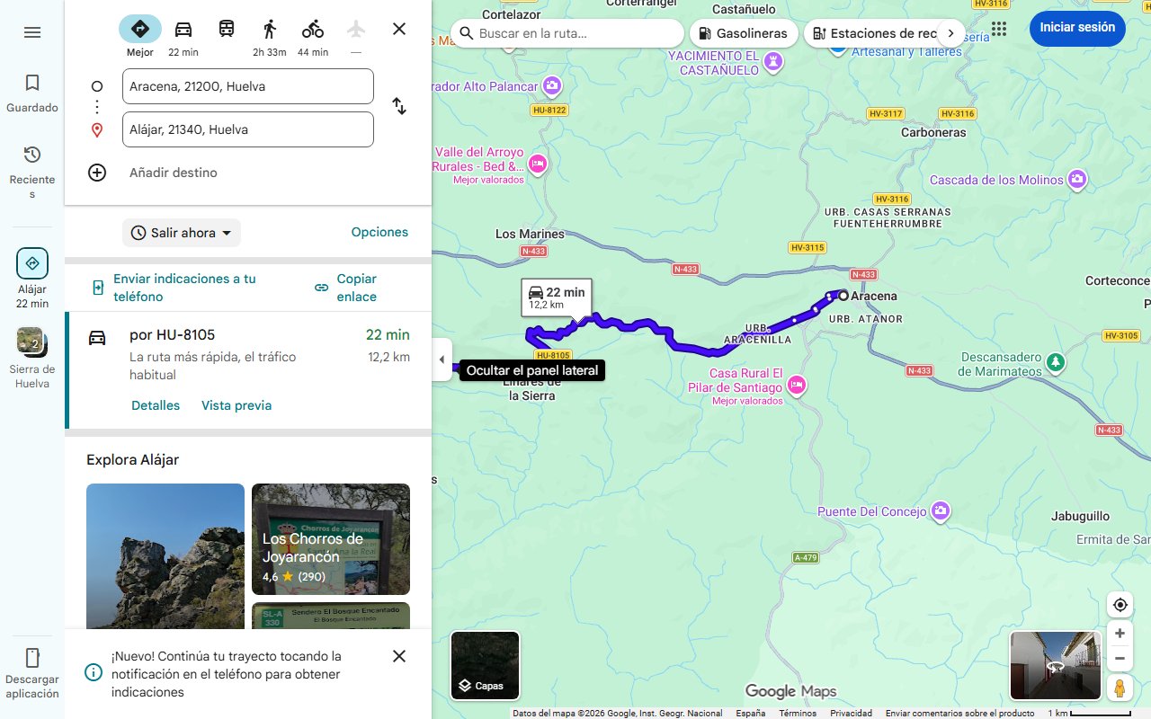 Mapa de De Aracena a Alájar: ruta por los pueblos más frescos de Huelva