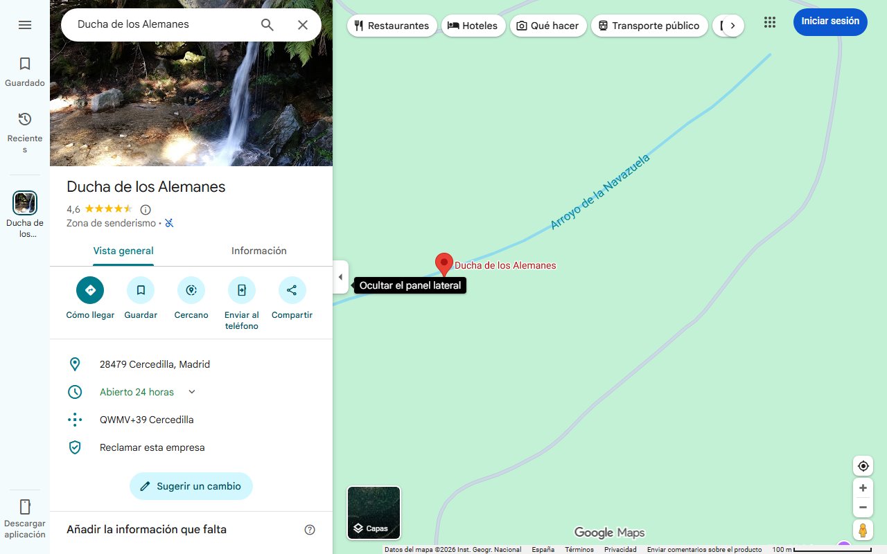 Mapa de Ducha de los Alemanes, la ruta a una de las cascadas más bonitas de la sierra de Madrid