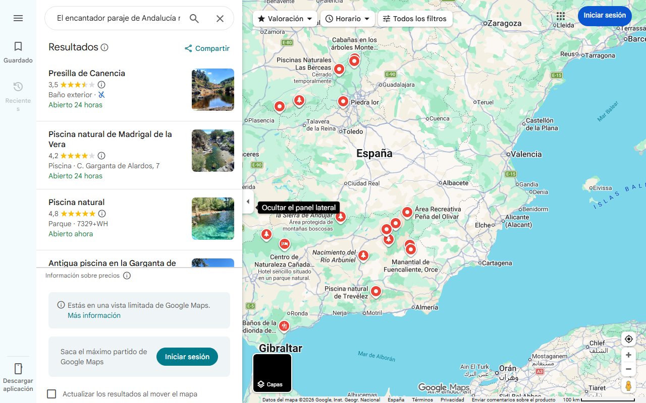 Mapa de El encantador paraje de Andalucía rodeado de piscinas naturales ideal para el verano | Ideal