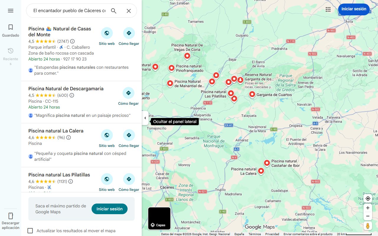 Mapa de El encantador pueblo de Cáceres con unas impresionantes piscinas naturales que no mucha gente conoce