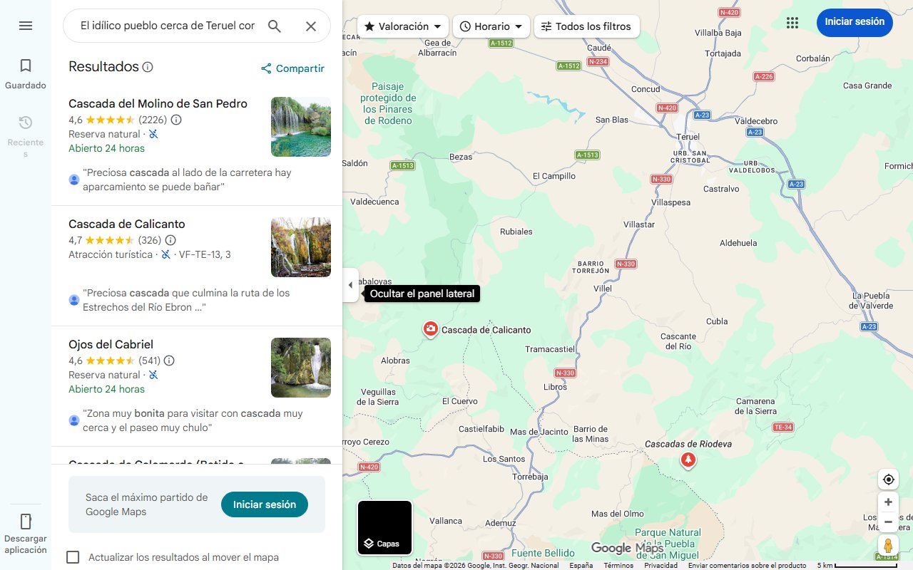 Mapa de El idílico pueblo cerca de Teruel con una de las cascadas más bonitas de España