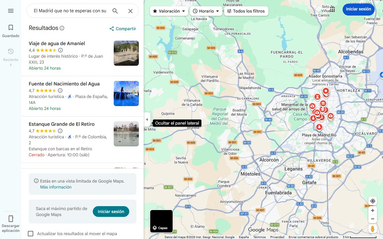 Mapa de El Madrid que no te esperas con su turismo del agua