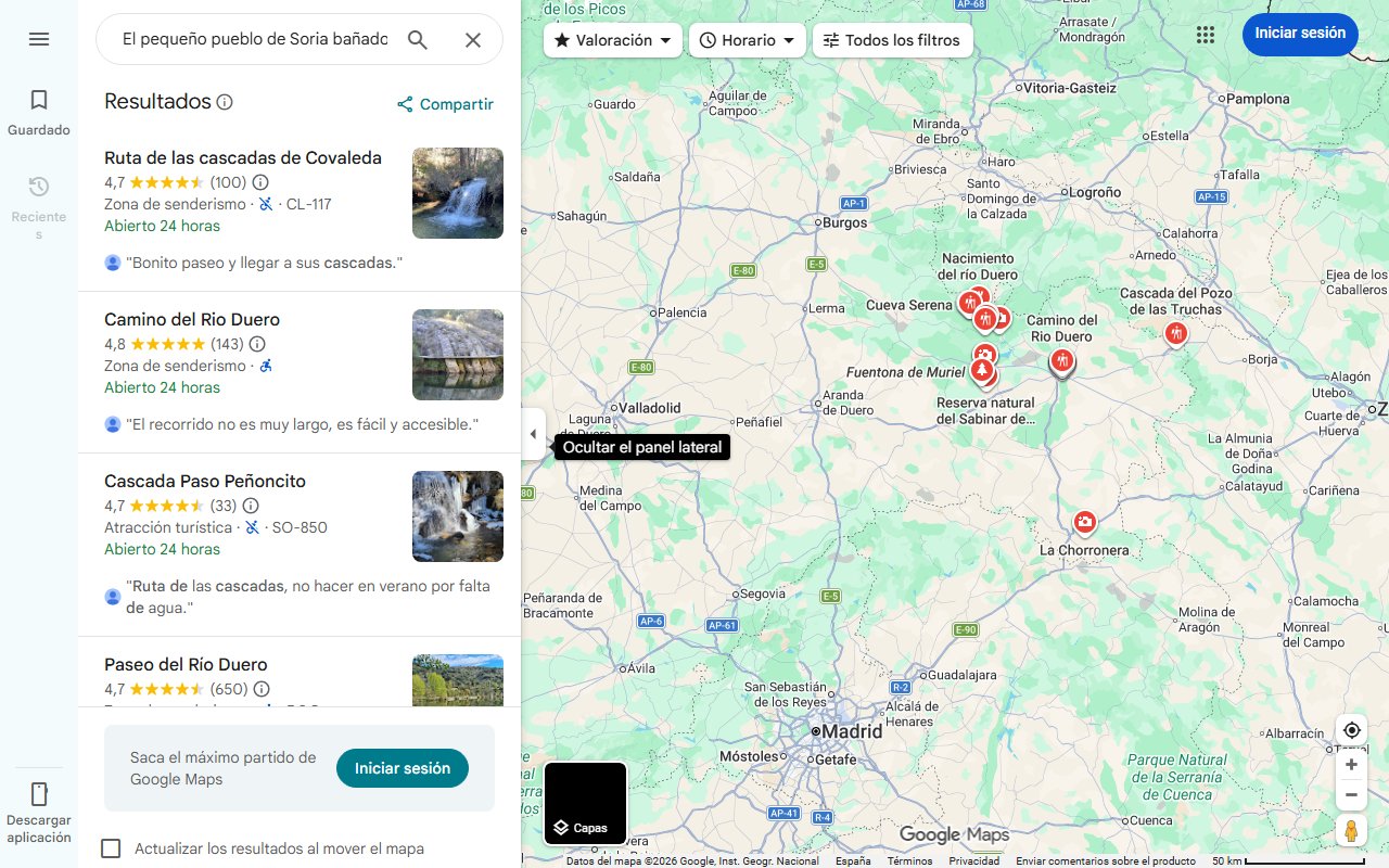 Mapa de El pequeño pueblo de Soria bañado por el río Duero que tiene una espectacular ruta de cascadas