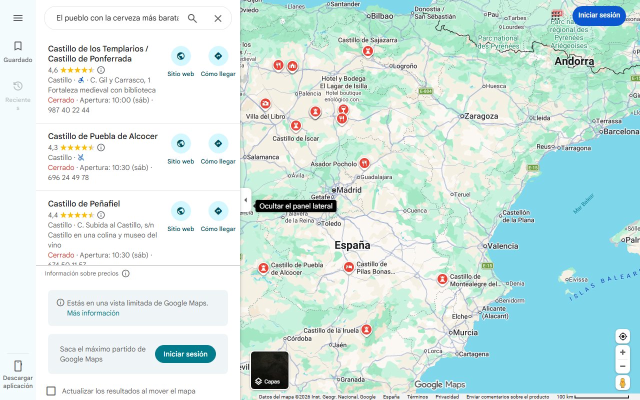 Mapa de El pueblo con la cerveza más barata y un castillo templario: 