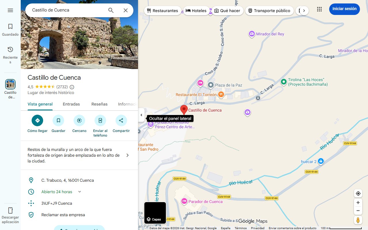 Mapa de El pueblo medieval de Cuenca que está en ruinas y es Conjunto Histórico: tiene seis iglesias, un castillo y hasta cinco recintos amurallados