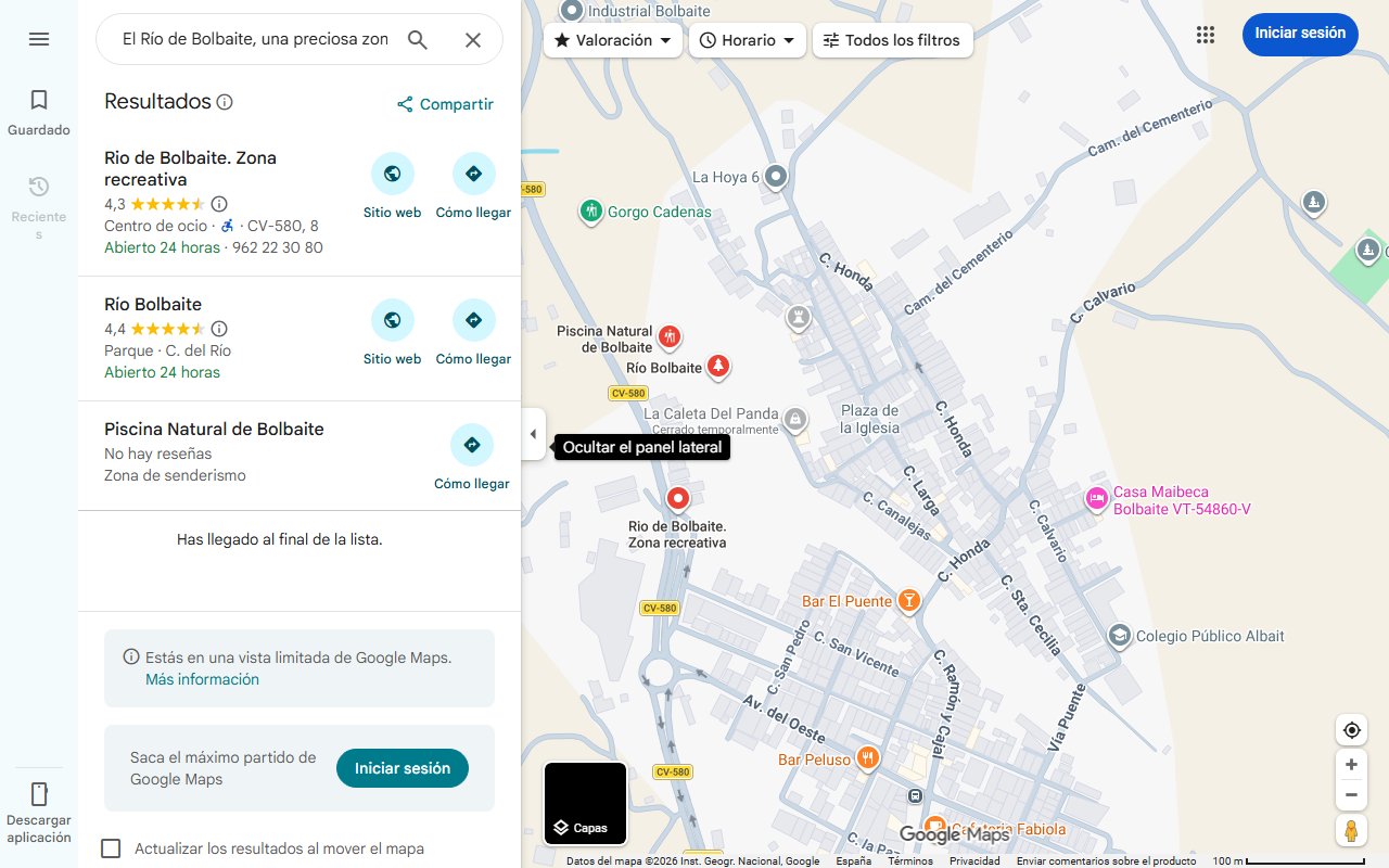 Mapa de El Río de Bolbaite, una preciosa zona recreativa del interior de Valencia con piscinas naturales