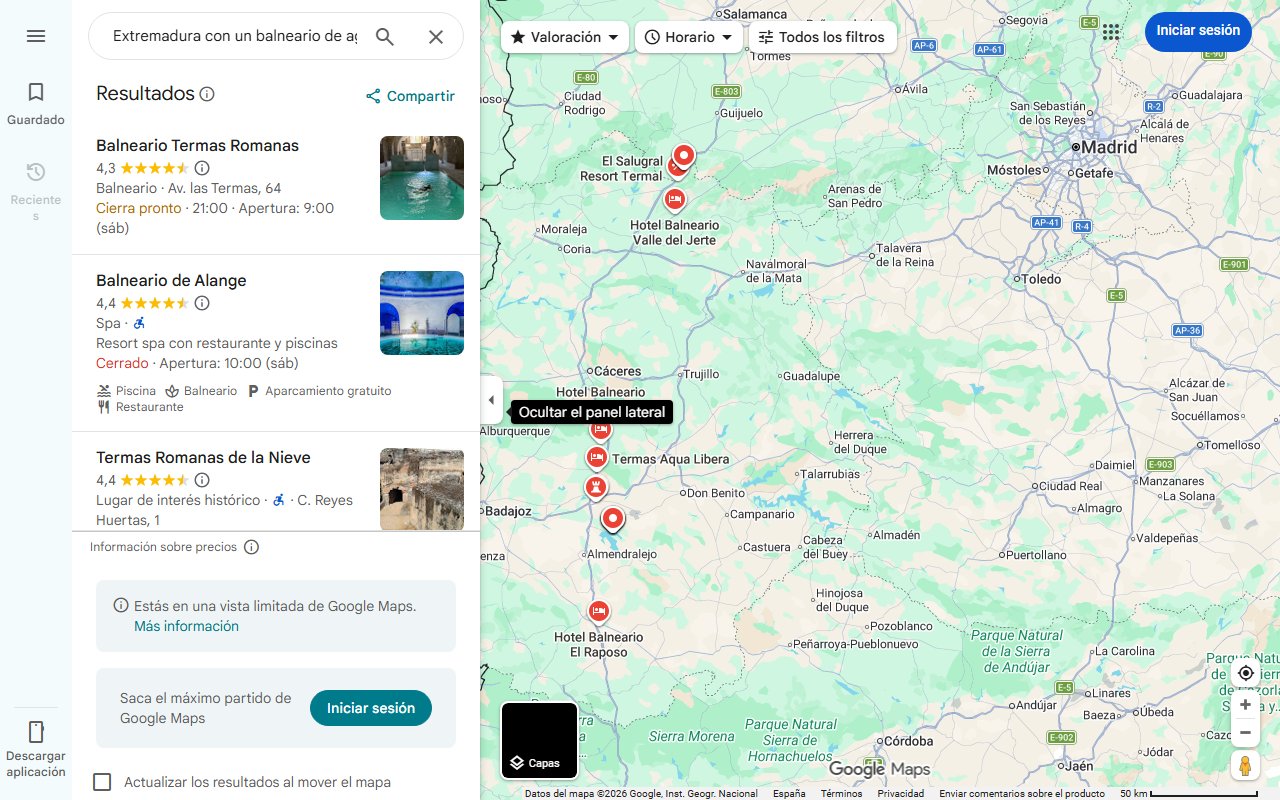 Mapa de El pueblo de Extremadura con un balneario de aguas medicinales y dos termas romanas Patrimonio de la Humanidad