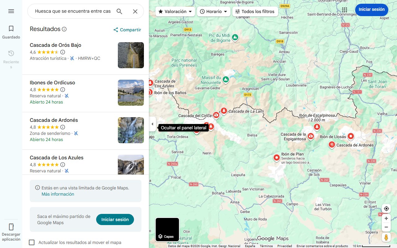 Mapa de El pueblo de Huesca que se encuentra entre cascadas, picos e ibones del Pirineo