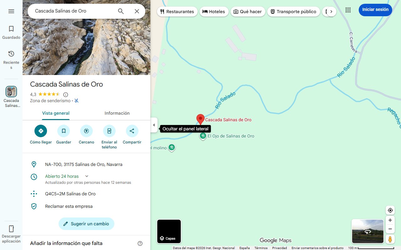 Mapa de La cascada de agua salada oculta en las Salinas de Oro de Navarra