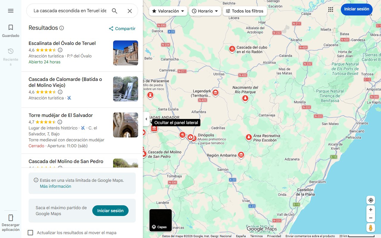 Mapa de La cascada escondida en Teruel ideal para descubrir con niños: 8 metros de caída de agua