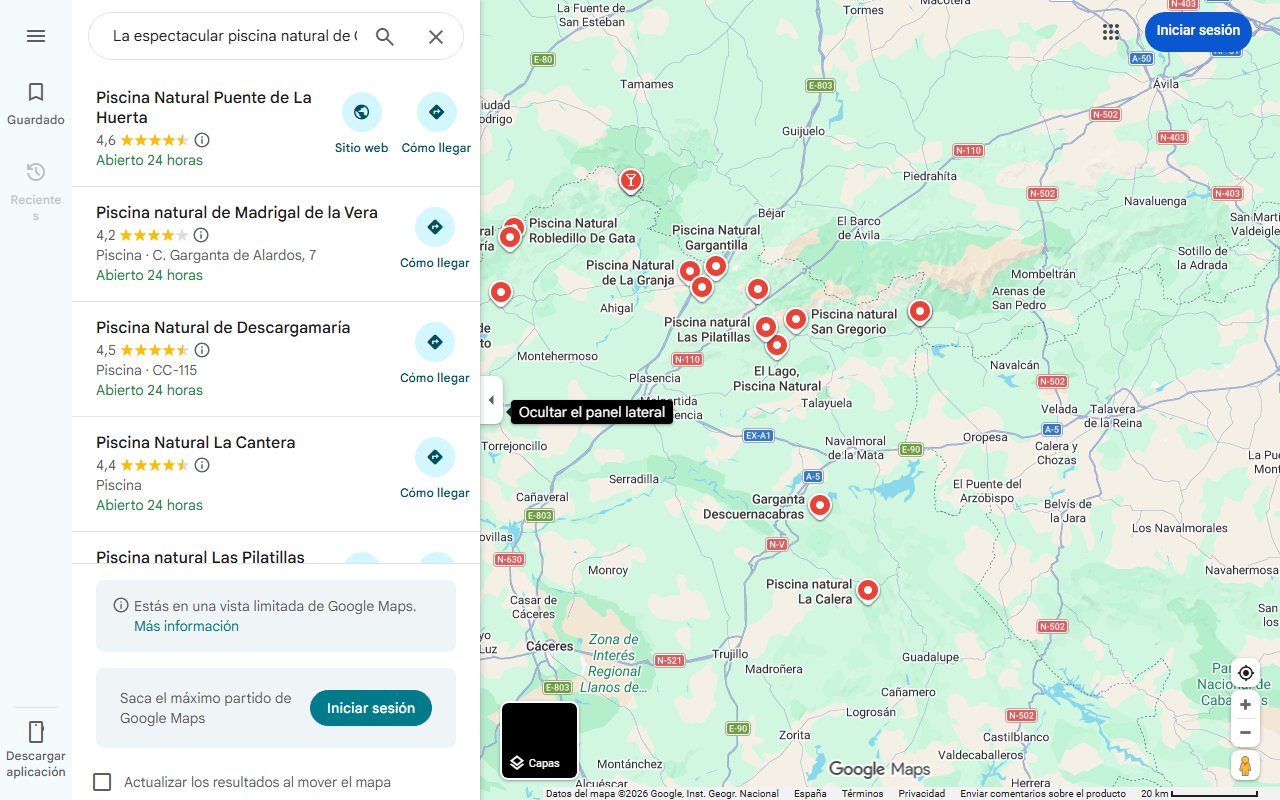 Mapa de La espectacular piscina natural de Cáceres bajo un puente romano que está a dos horas de Madrid