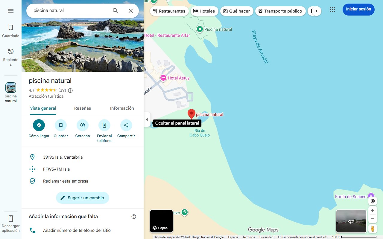 Mapa de La formación rocosa que ha creado una piscina natural en esta playa de Cantabria y querrás visitar este verano