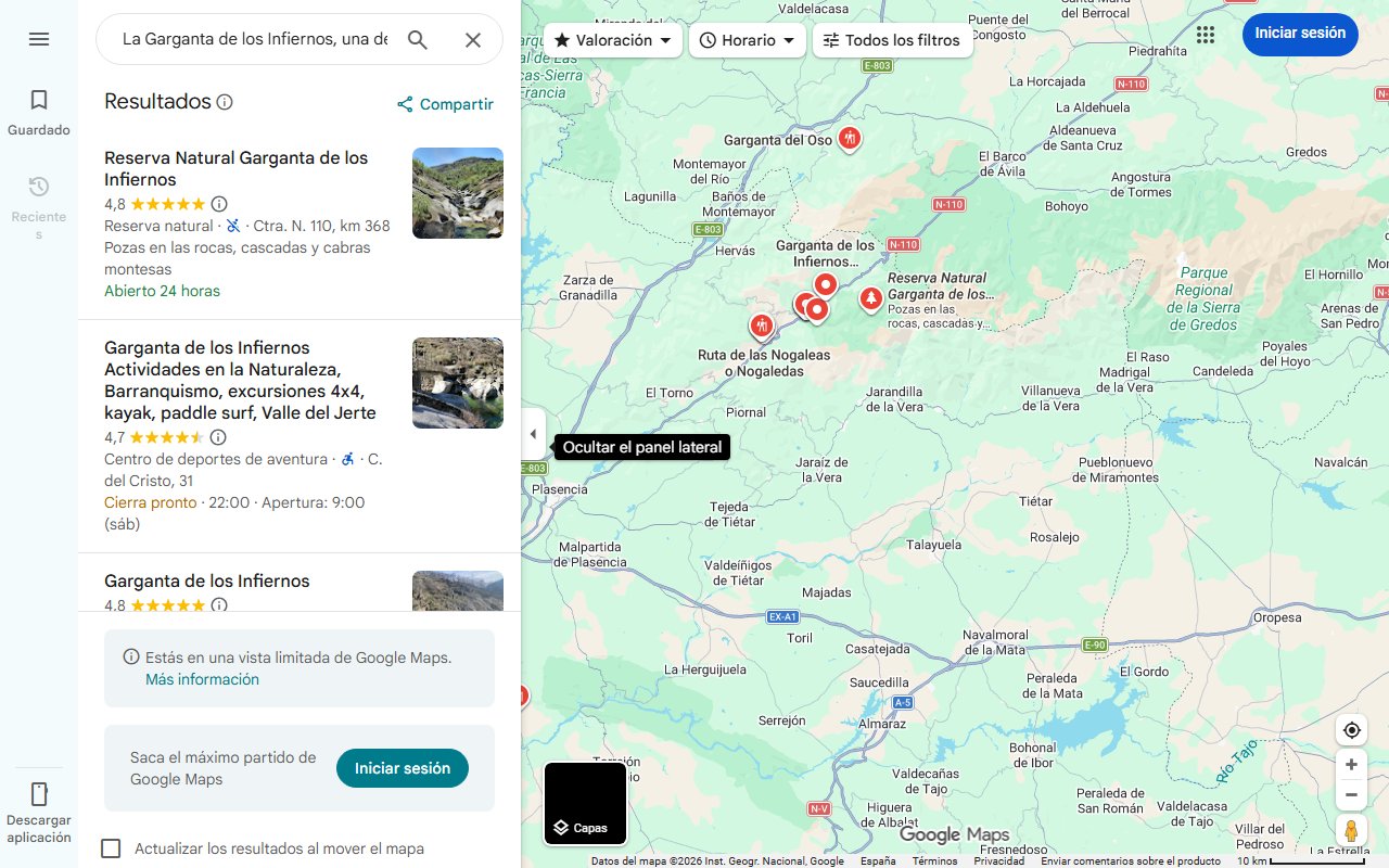 Mapa de La Garganta de los Infiernos, una de las rutas de senderismo más espectaculares y refrescantes de España