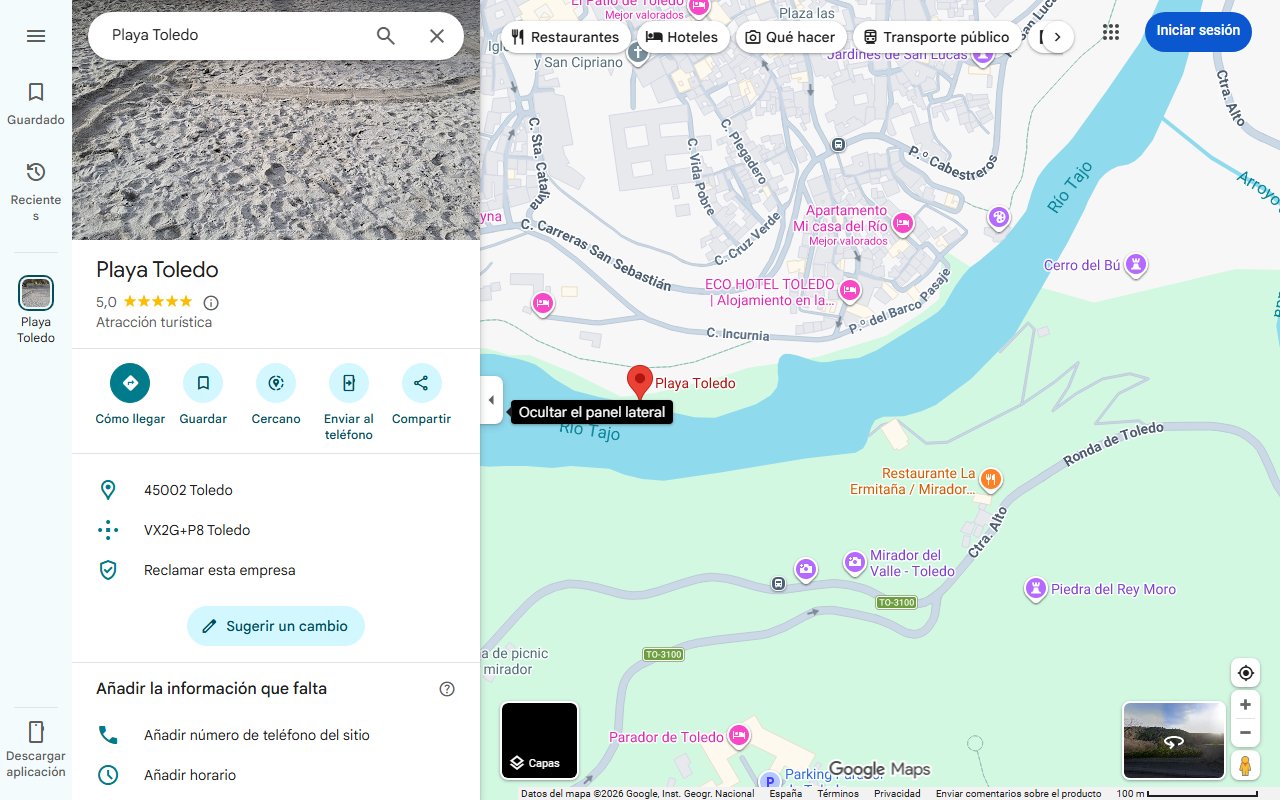 Mapa de La hermosa playa escondida en Toledo que es un paraíso: tiene más de dos kilómetros