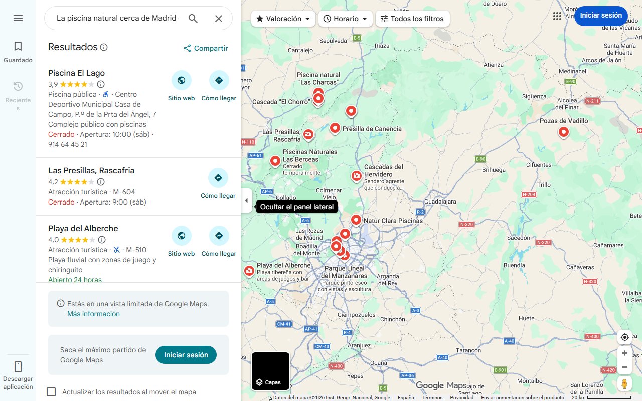 Mapa de La piscina natural cerca de Madrid que puedes visitar en septiembre y que sigue siendo un oasis sin aglomeraciones