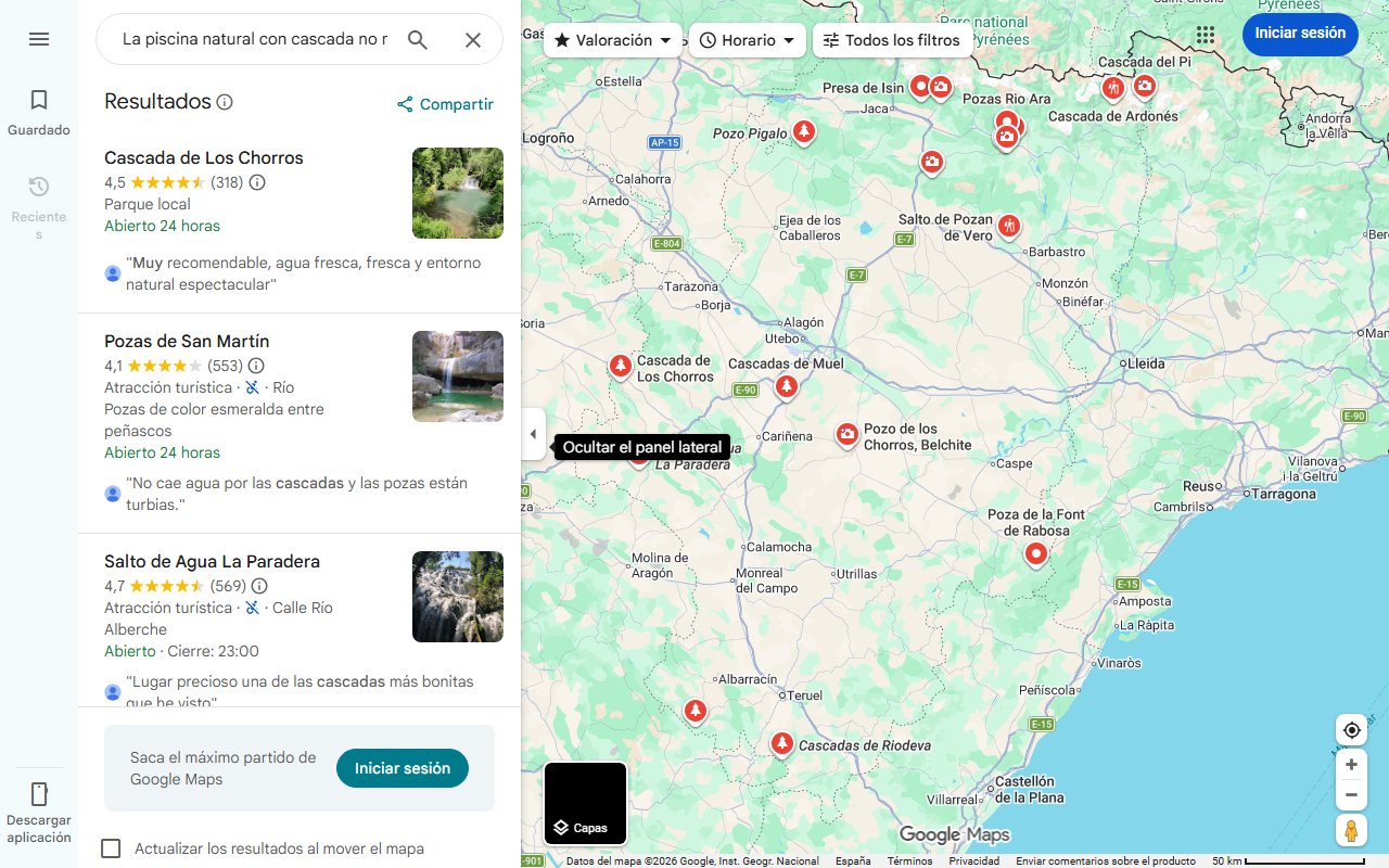 Mapa de La piscina natural con cascada no muy lejos de Aragón a la que se puede llegar por una ruta increíble