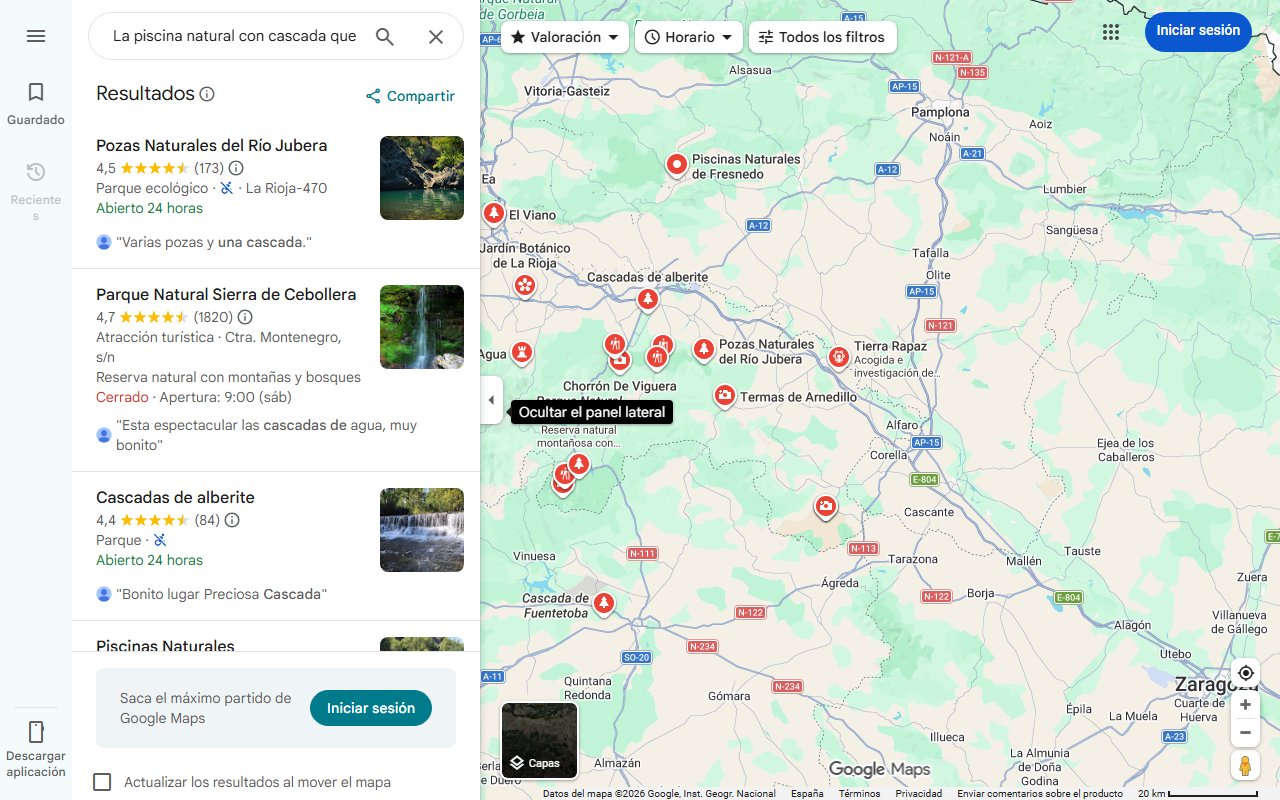 Mapa de La piscina natural con cascada que debes visitar en La Rioja y que poca gente conoce: un tesoro escondido junto a un río de aguas cristalinas