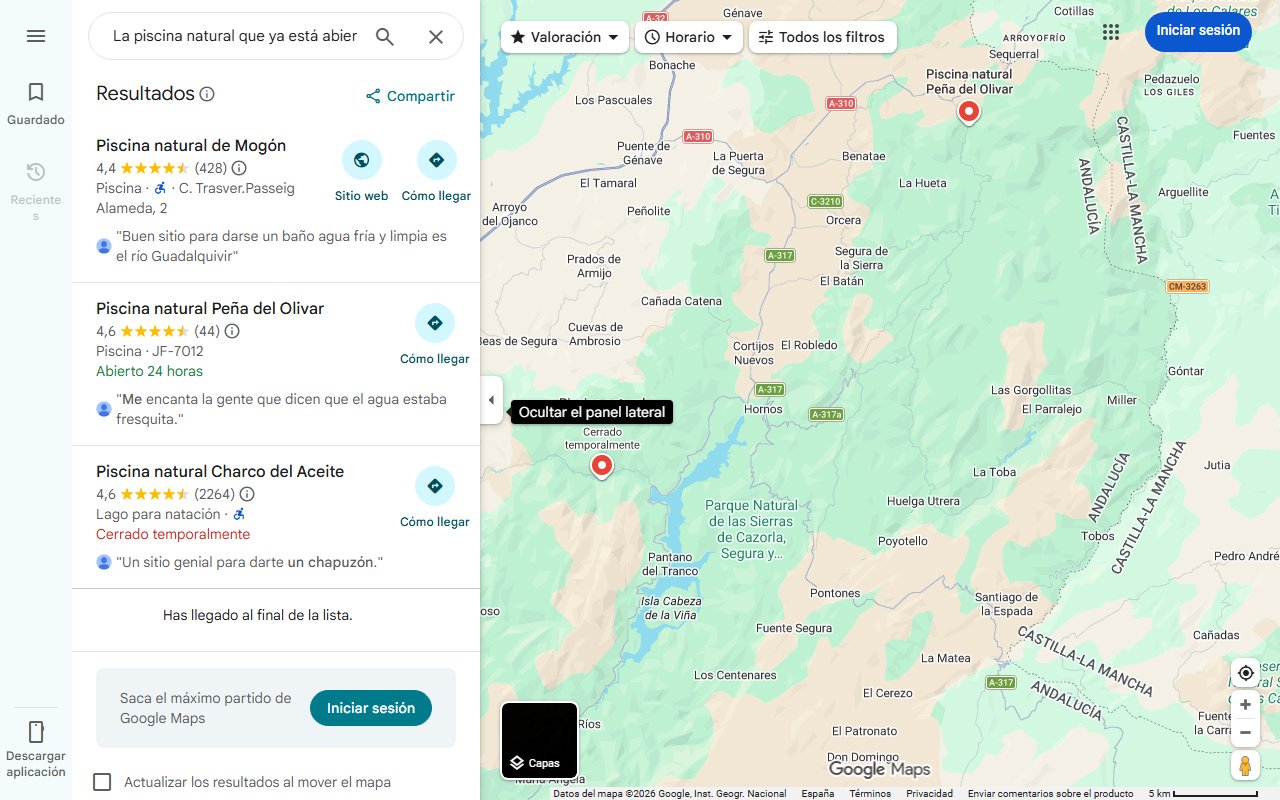 Mapa de La piscina natural que ya está abierta para que te des un chapuzón en Jaén: un paraíso al alcance de todos con zonas de merendero