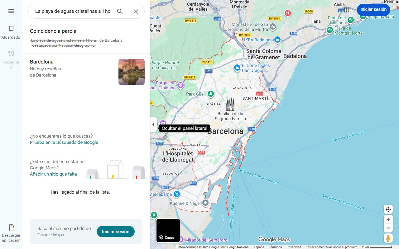 Mapa de La playa de aguas cristalinas a 1 hora de Barcelona destacada por National Geographic: 