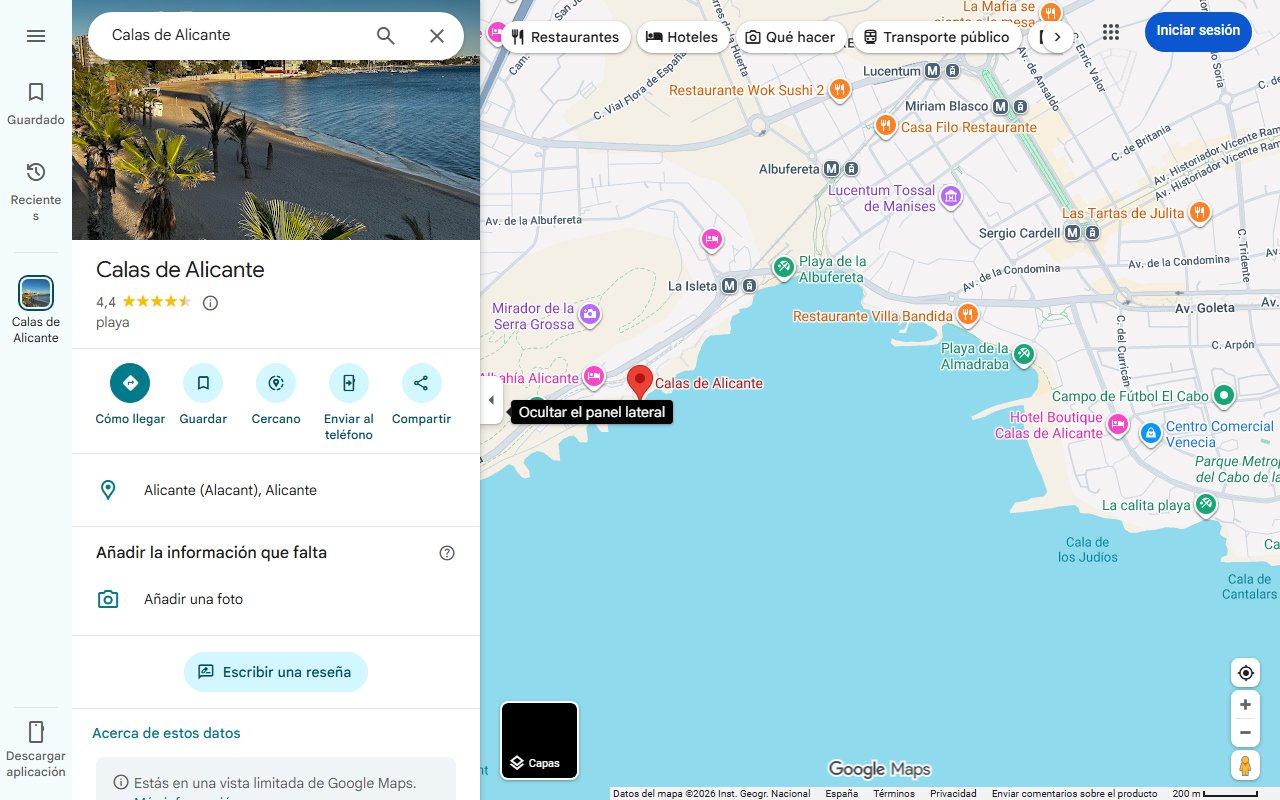 Mapa de La playa de Alicante con aguas turquesas escondida entre acantilados: un lugar perfecto para relajarse y hacer snorkel