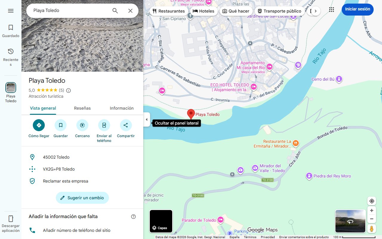 Mapa de La playa natural de Toledo que está situada a los pies de un espectacular castillo