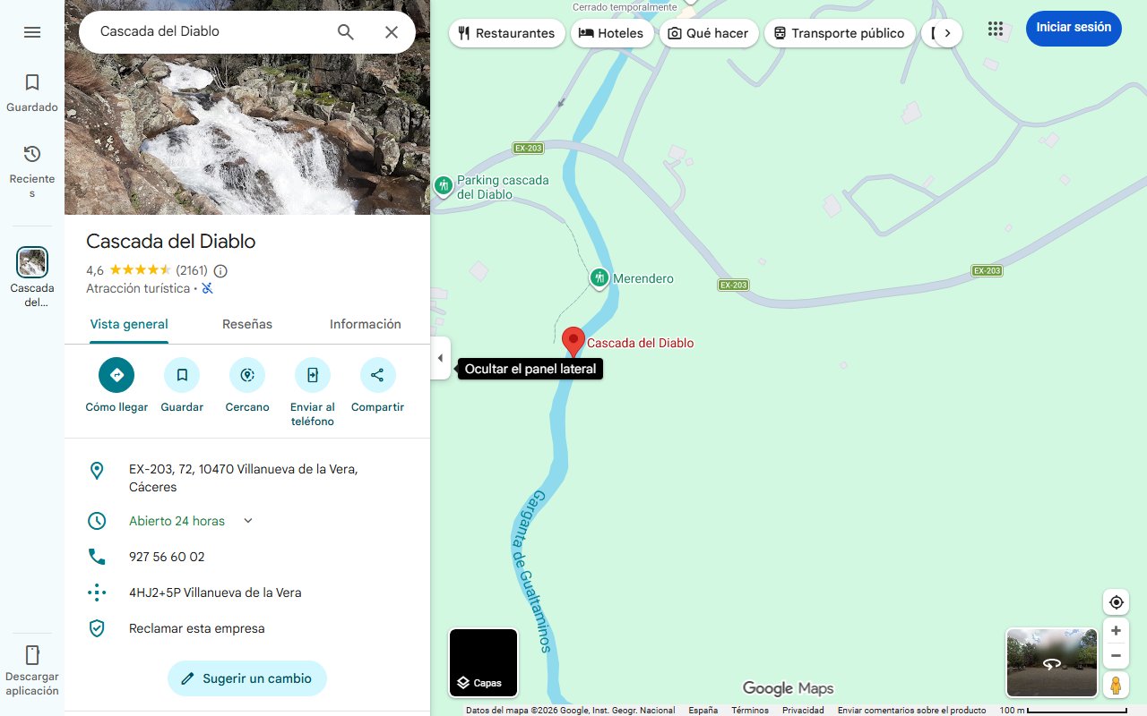 Mapa de La poza escondida en la Vera, Extremadura, en la que tirarte por un tobogán (ideal para peques)