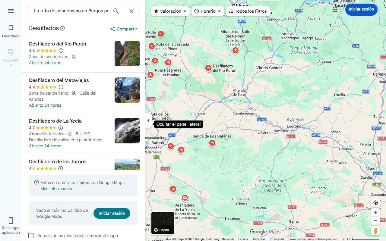 Mapa de La ruta de senderismo en Burgos por un desfiladero repleto de vegetación