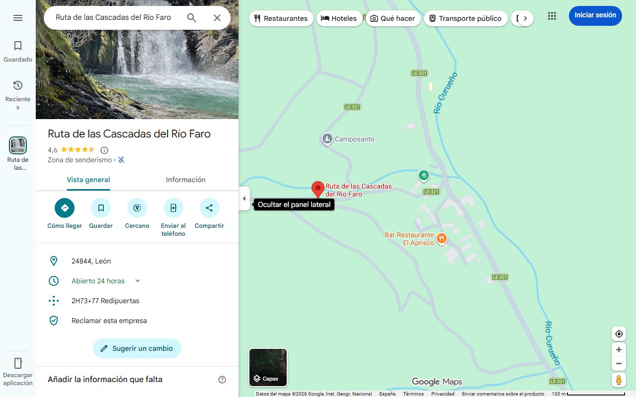 Mapa de La ruta de senderismo fácil a una cascada de 10 metros de altura escondida en un bosque de León