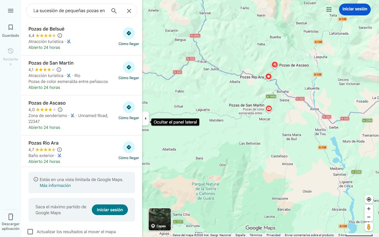 Mapa de La sucesión de pequeñas pozas en un pueblo pequeño de Huesca: idílicas bañeras naturales en un barranco