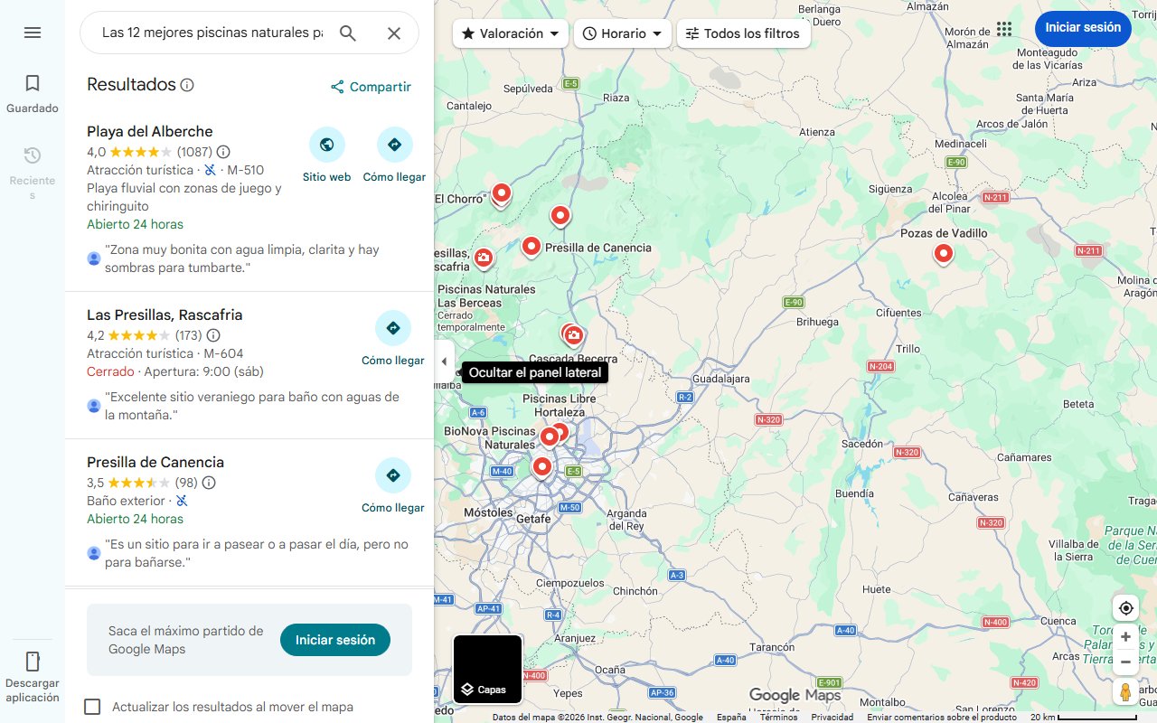 Mapa de Las 12 mejores piscinas naturales para refrescarte en Madrid