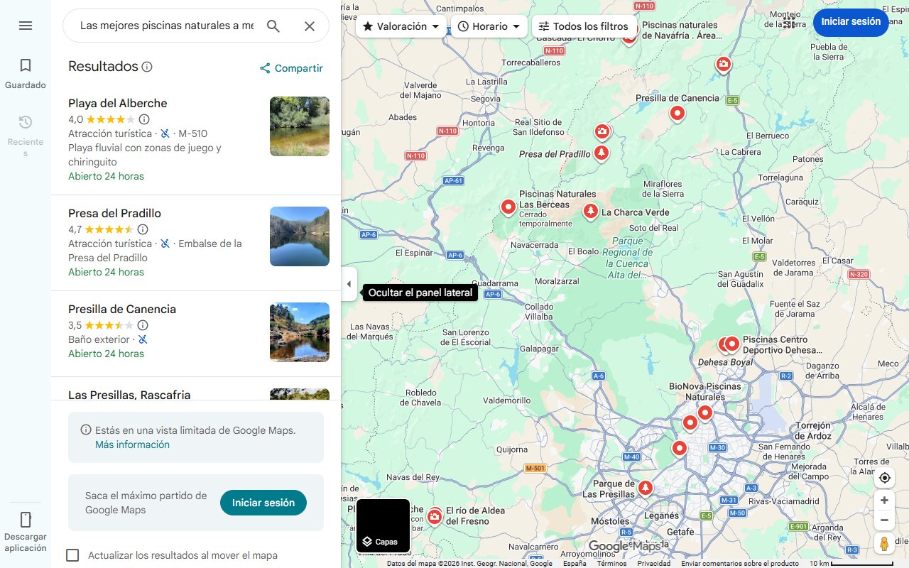 Mapa de Las mejores piscinas naturales a menos de una hora de Madrid