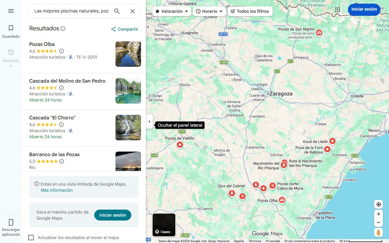 Mapa de Las mejores piscinas naturales, pozas y ríos de Teruel, según National Geographic