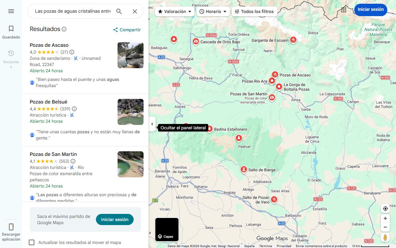 Mapa de Las pozas de aguas cristalinas entre barrancos en Huesca: un lugar secreto con una cueva inundada