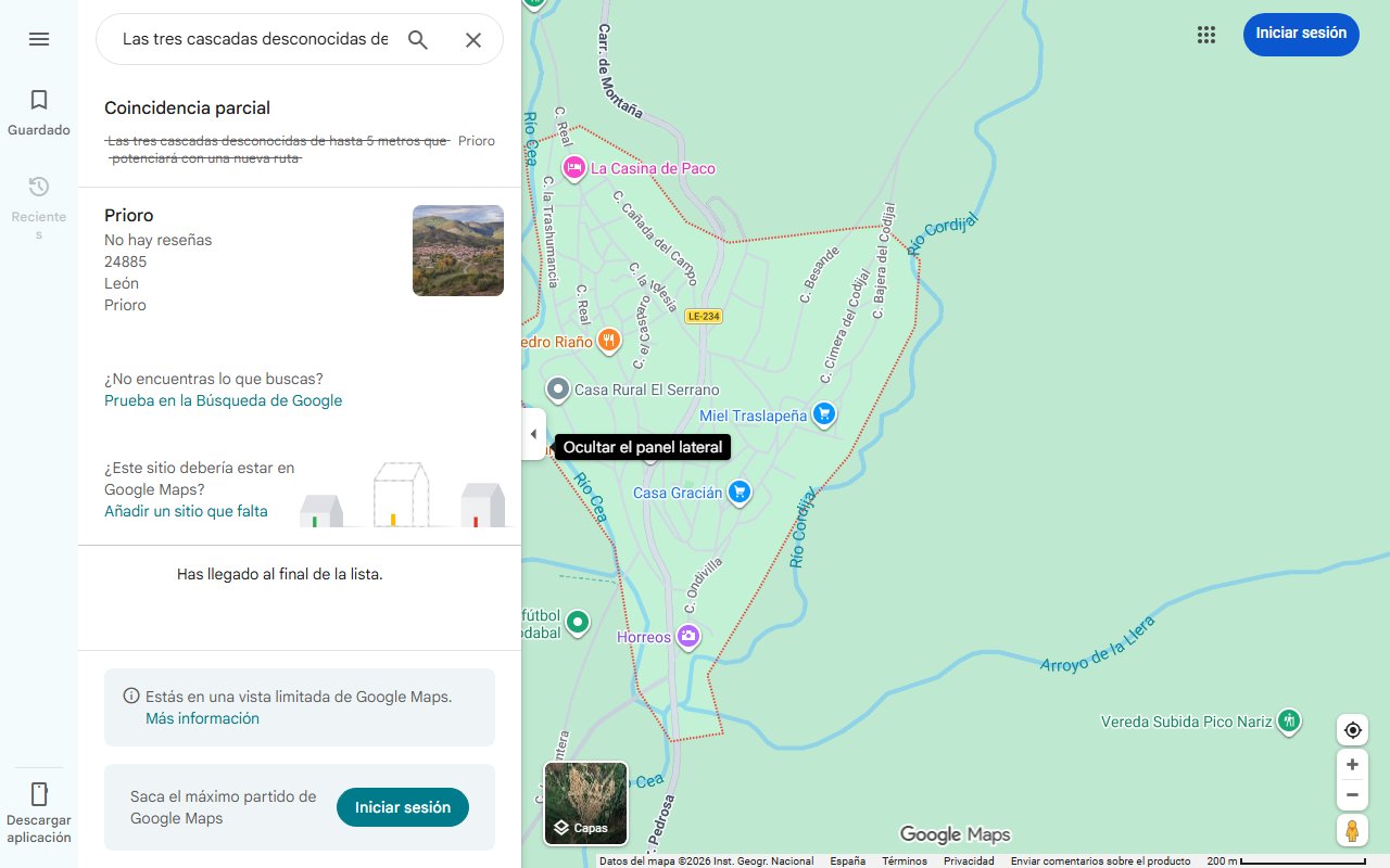Mapa de Las tres cascadas desconocidas de hasta 5 metros que Prioro potenciará con una nueva ruta
