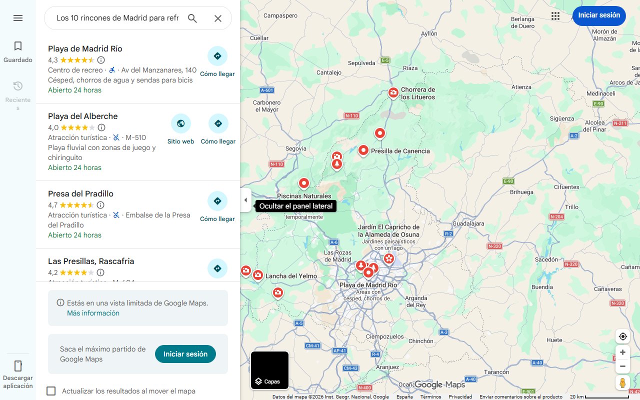 Mapa de Los 10 rincones de Madrid para refrescarse y huir del calor: piscinas naturales, playas fluviales y saltos de agua