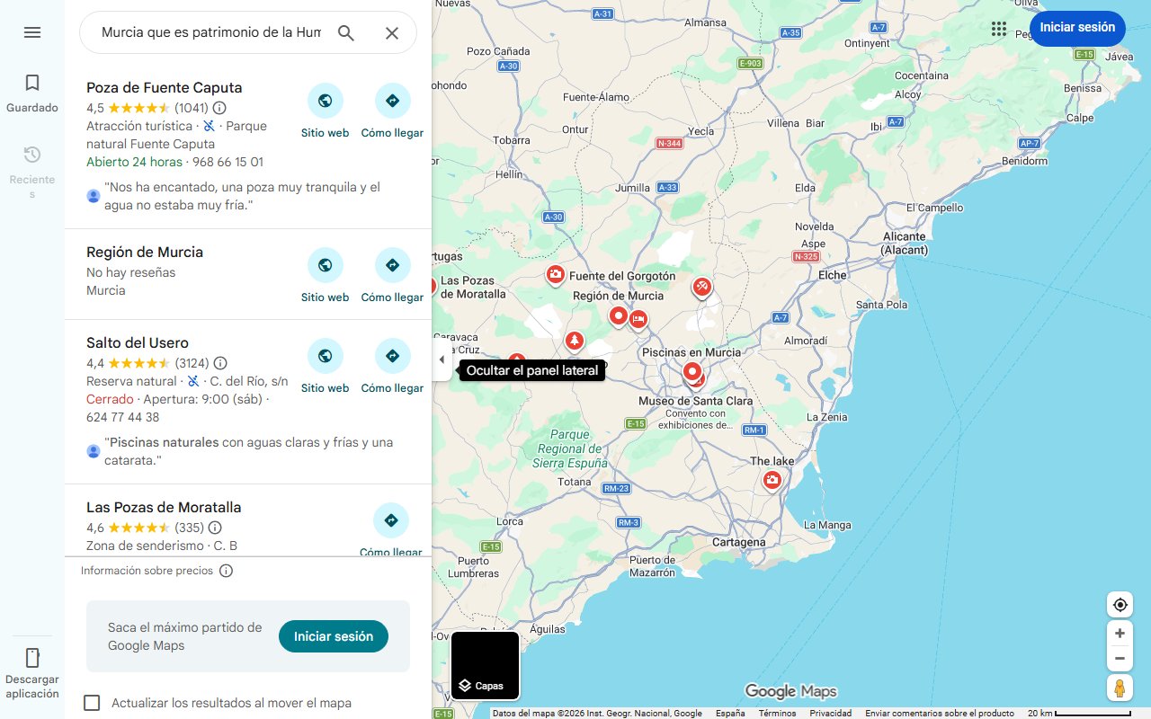 Mapa de El pueblo de Murcia que es patrimonio de la Humanidad y está lleno de piscinas naturales