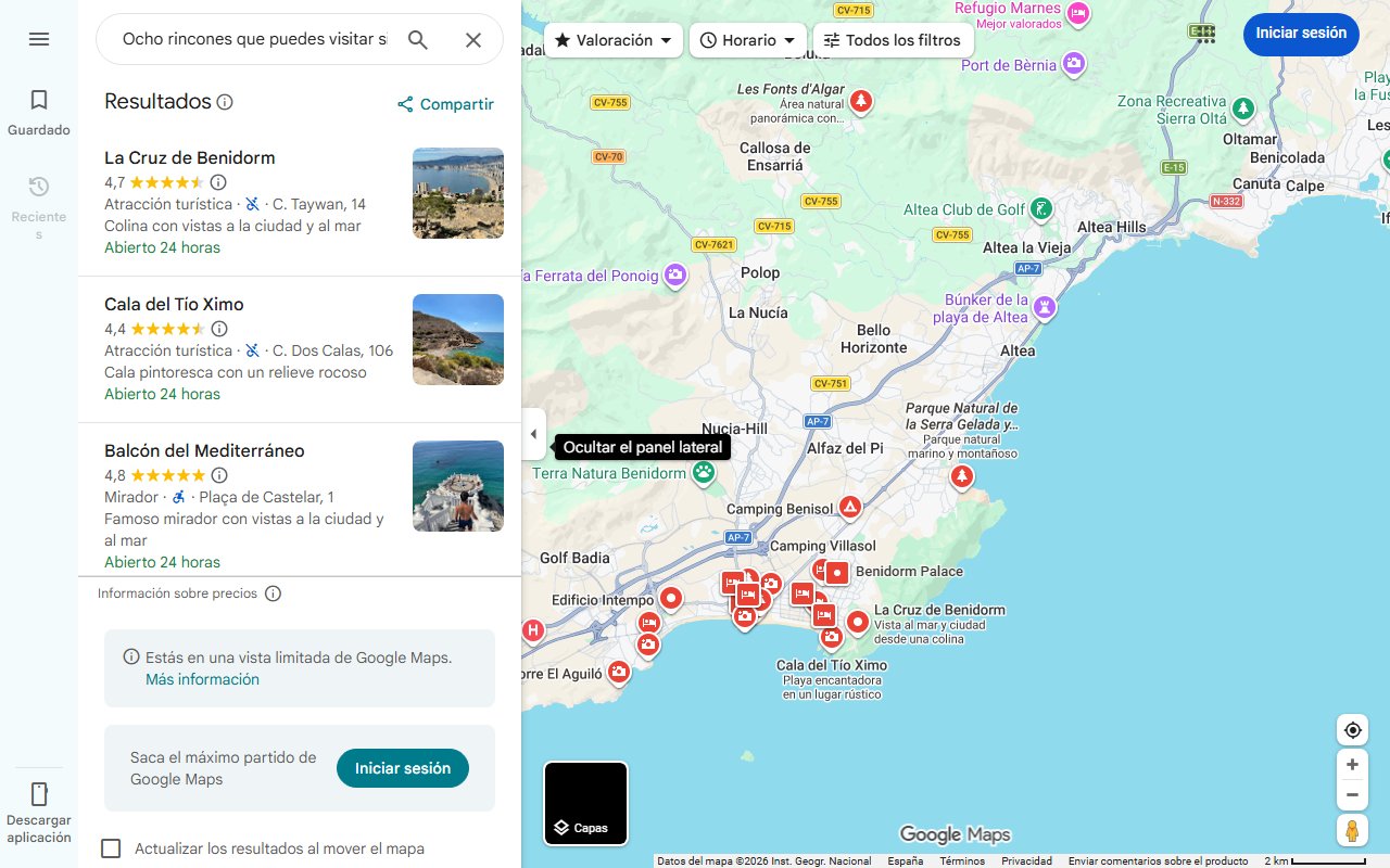 Mapa de Ocho rincones que puedes visitar si pasas un par de días de vacaciones en Benidorm