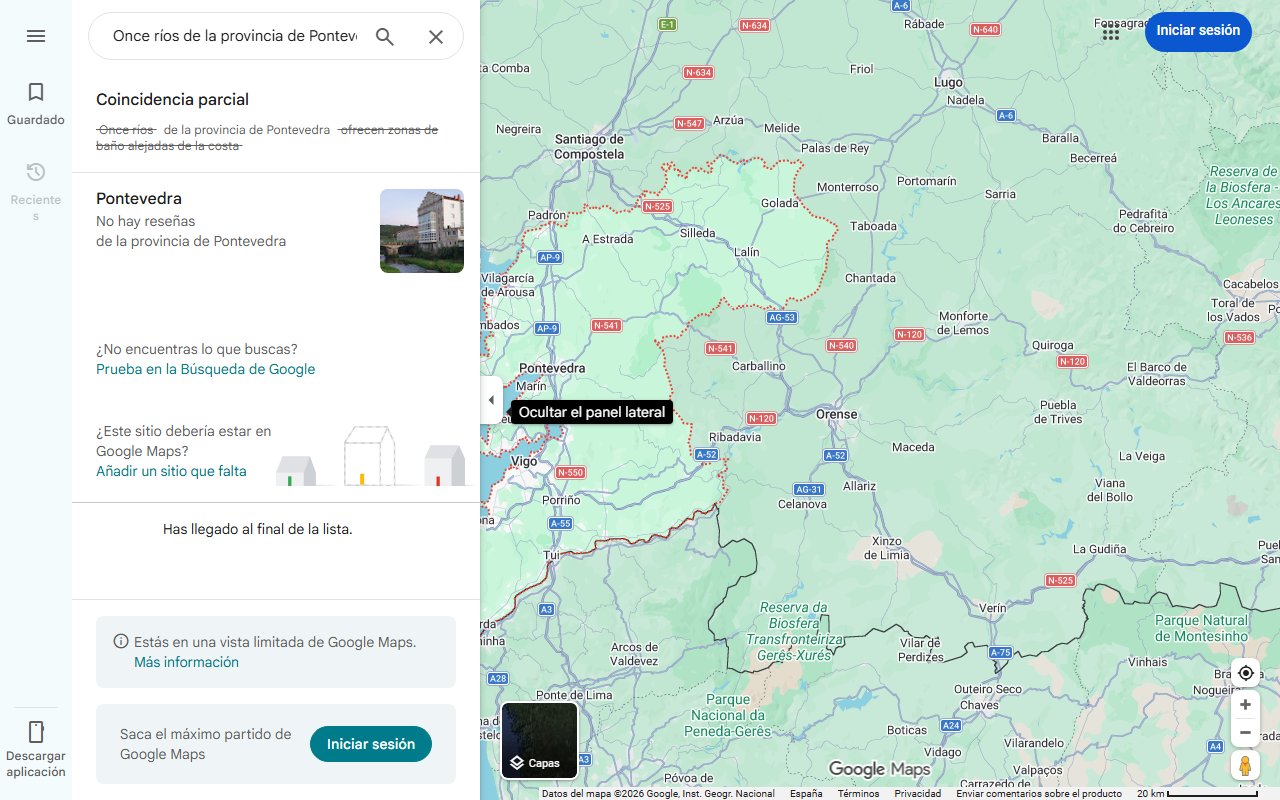 Mapa de Once ríos de la provincia de Pontevedra ofrecen zonas de baño alejadas de la costa