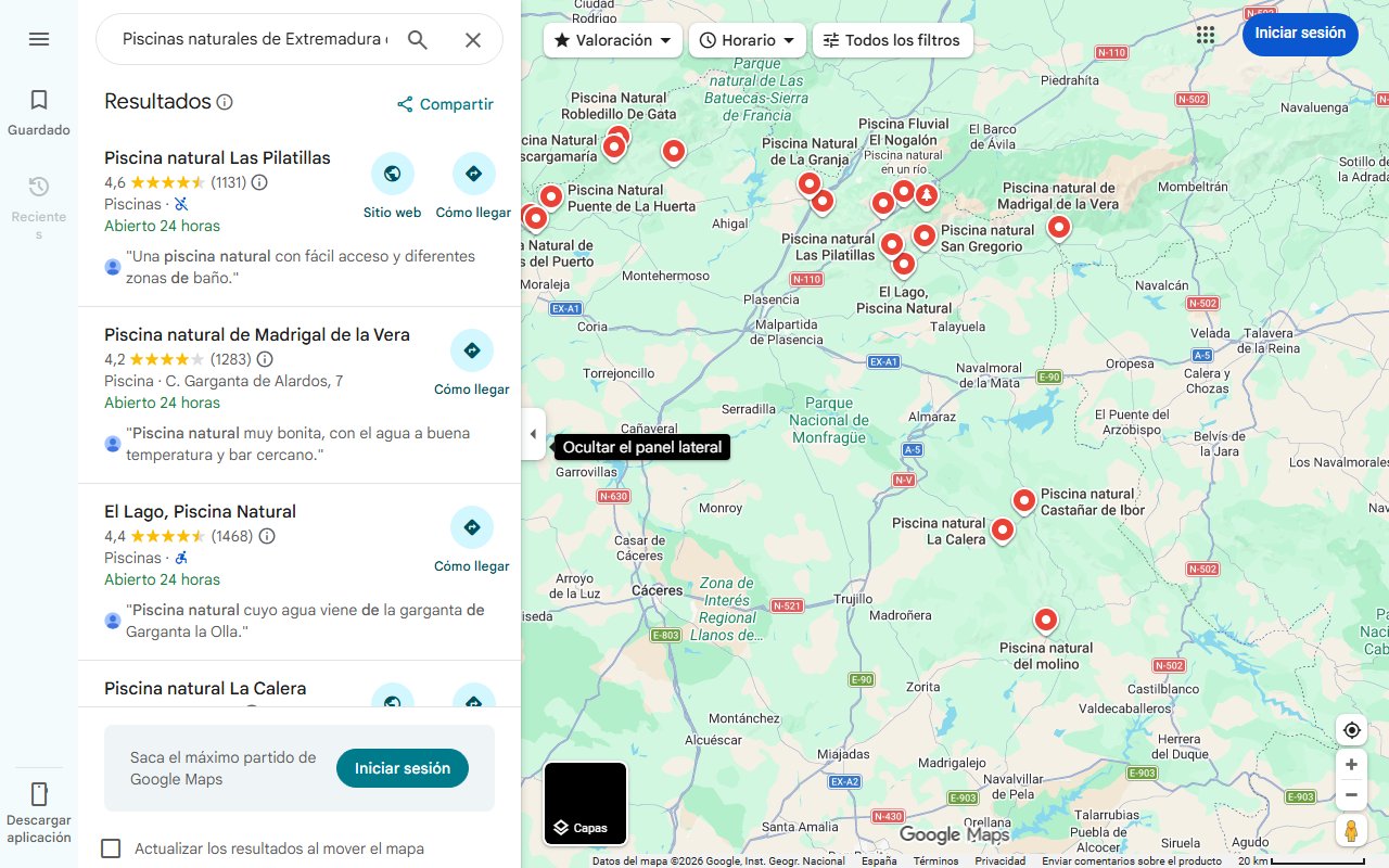 Mapa de Piscinas naturales de Extremadura que parecen de película: de la Garganta de los Infiernos a Orellana