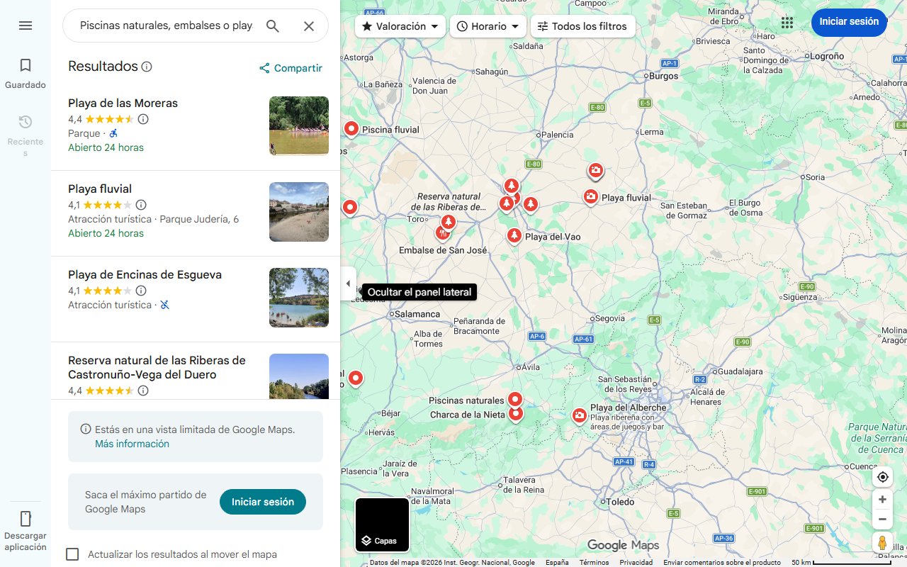 Mapa de Piscinas naturales, embalses o playas fluviales donde refrescarse en Valladolid