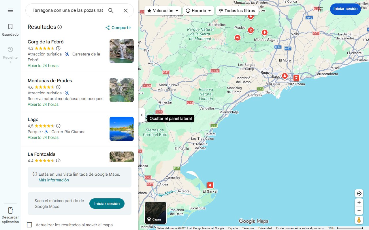 Mapa de El pueblo de Tarragona con una de las pozas naturales más disfrutables de España