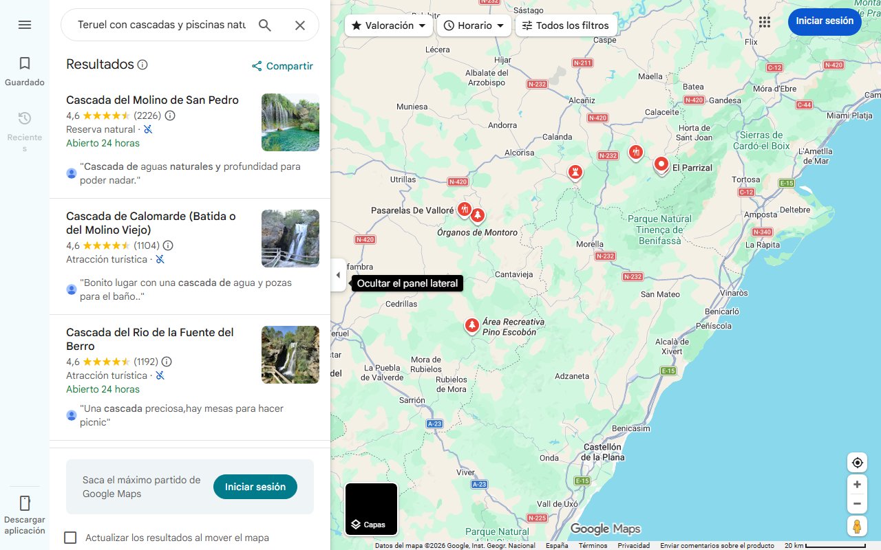 Mapa de El pueblo de Teruel con cascadas y piscinas naturales a más de 1.400 metros