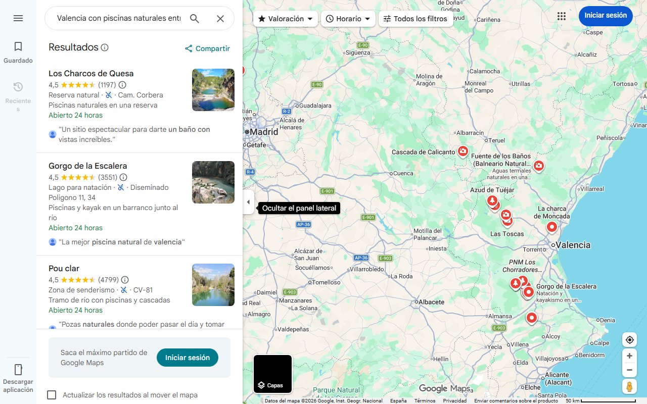 Mapa de El pueblo de Valencia con piscinas naturales entre montañas y un sendero que lleva al baño